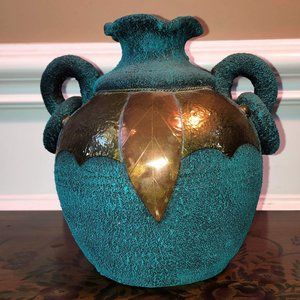 Turquoise textured ceramic with brass & copper urn shaped incense burner